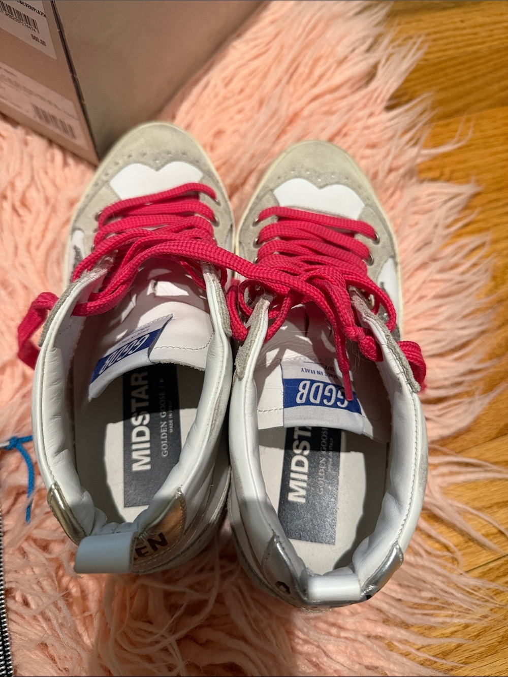 Golden Goose White High-Top Sneakers with Hot Pink Laces and Silver Glitter Star - Picture 2 of 11
